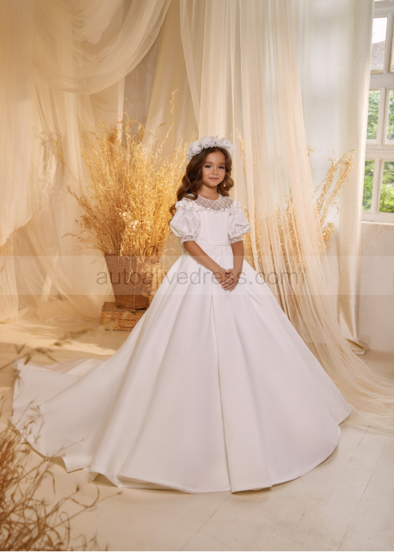 Elbow Sleeves White Lace Satin Floral Flower Girl Dress